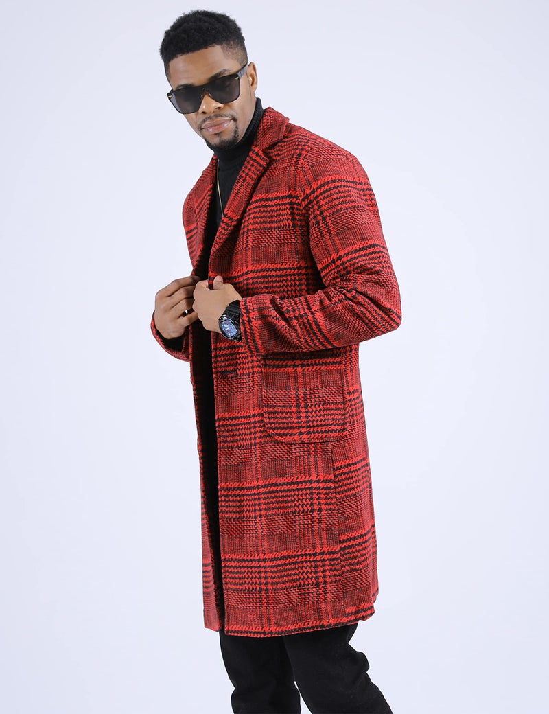 UANEO Mens Trench Coat Single Breasted Plaid Mid Long Peacoat Pea Coats (Wine Red, L) - Image 2